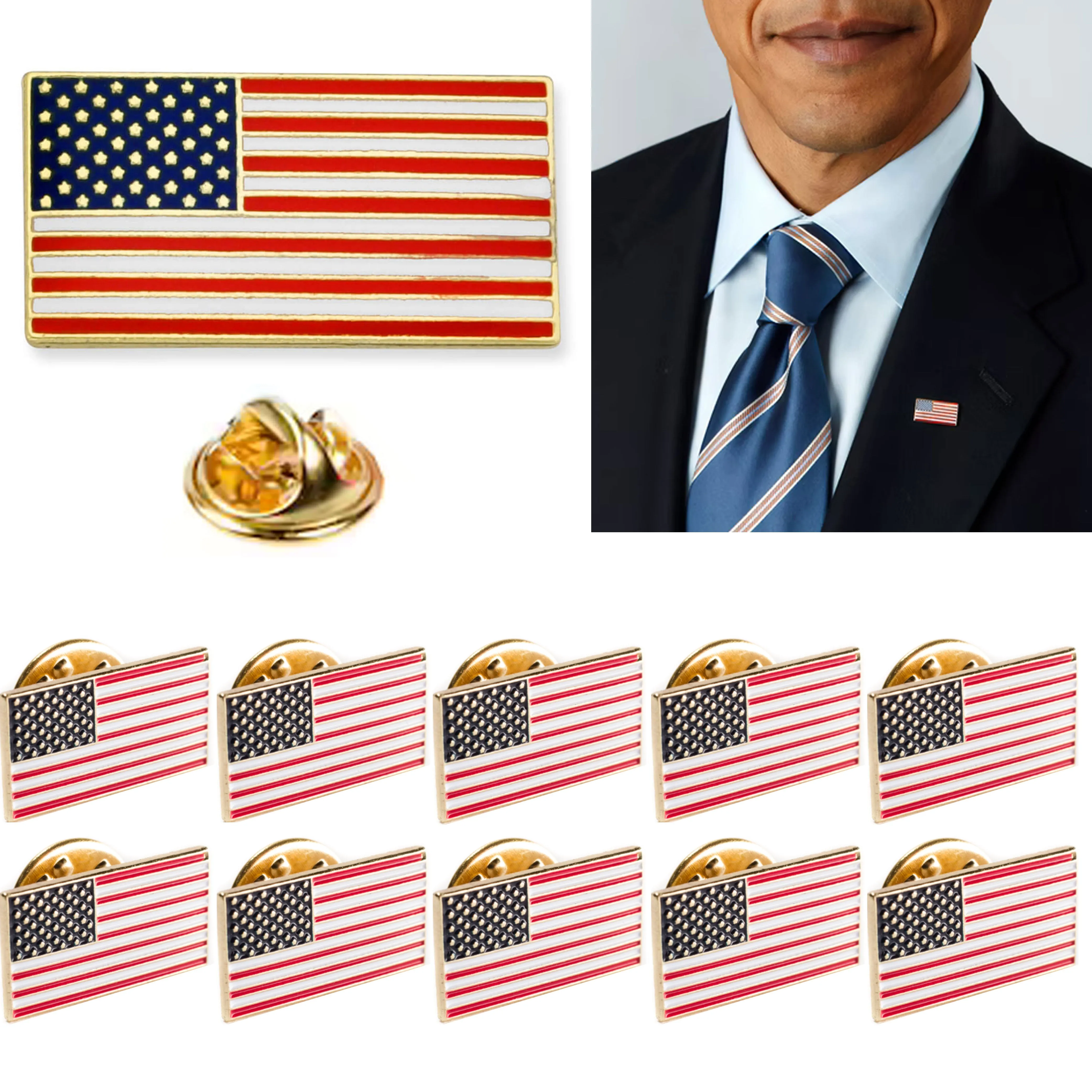 10 American Flag Lapel Pin Gold USA Pinback Tack United States Brooch Patriotic
