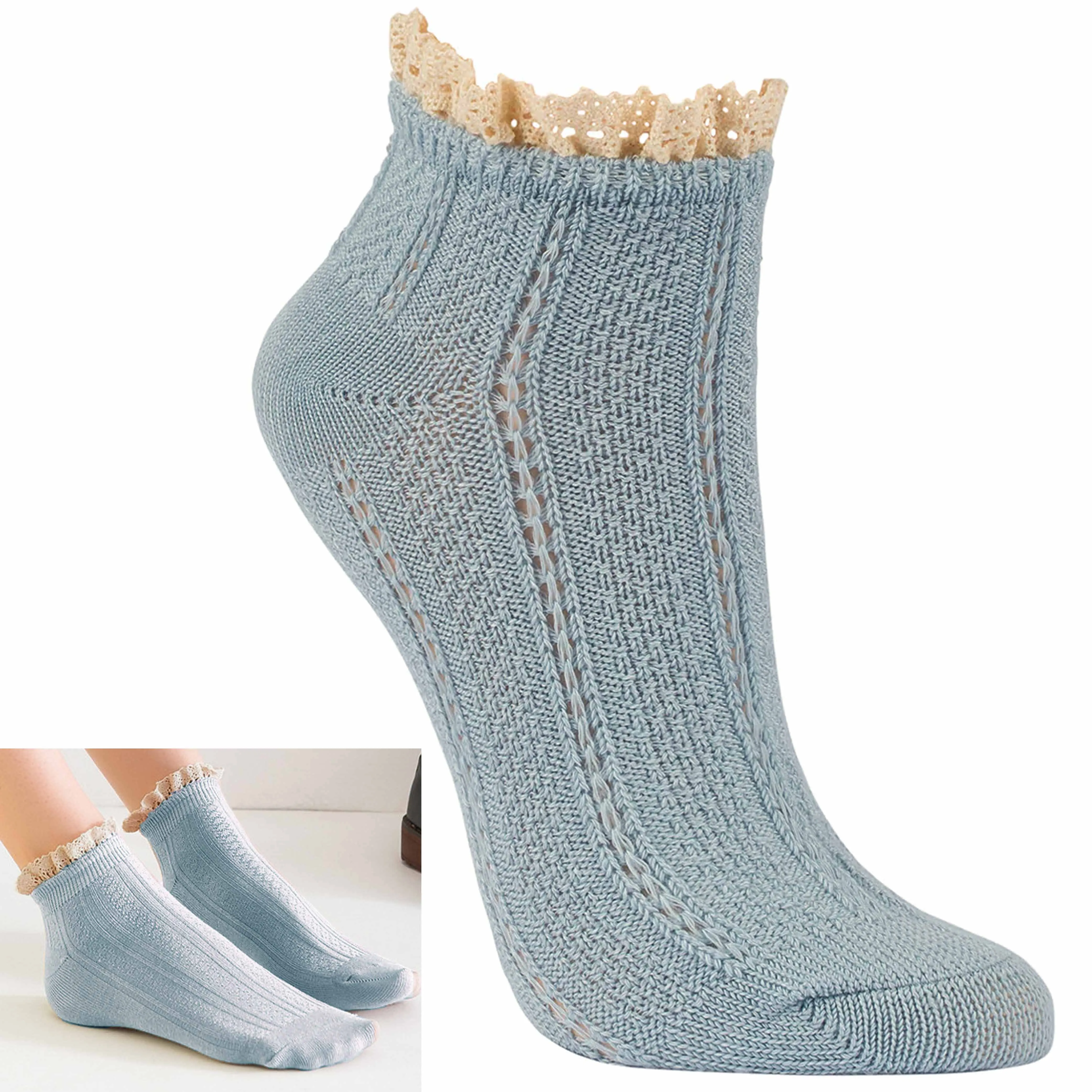 12 Pair Sexy Vintage Women Ruffle Ankle Socks Frilly Lace Trim Fancy Blue 9-11