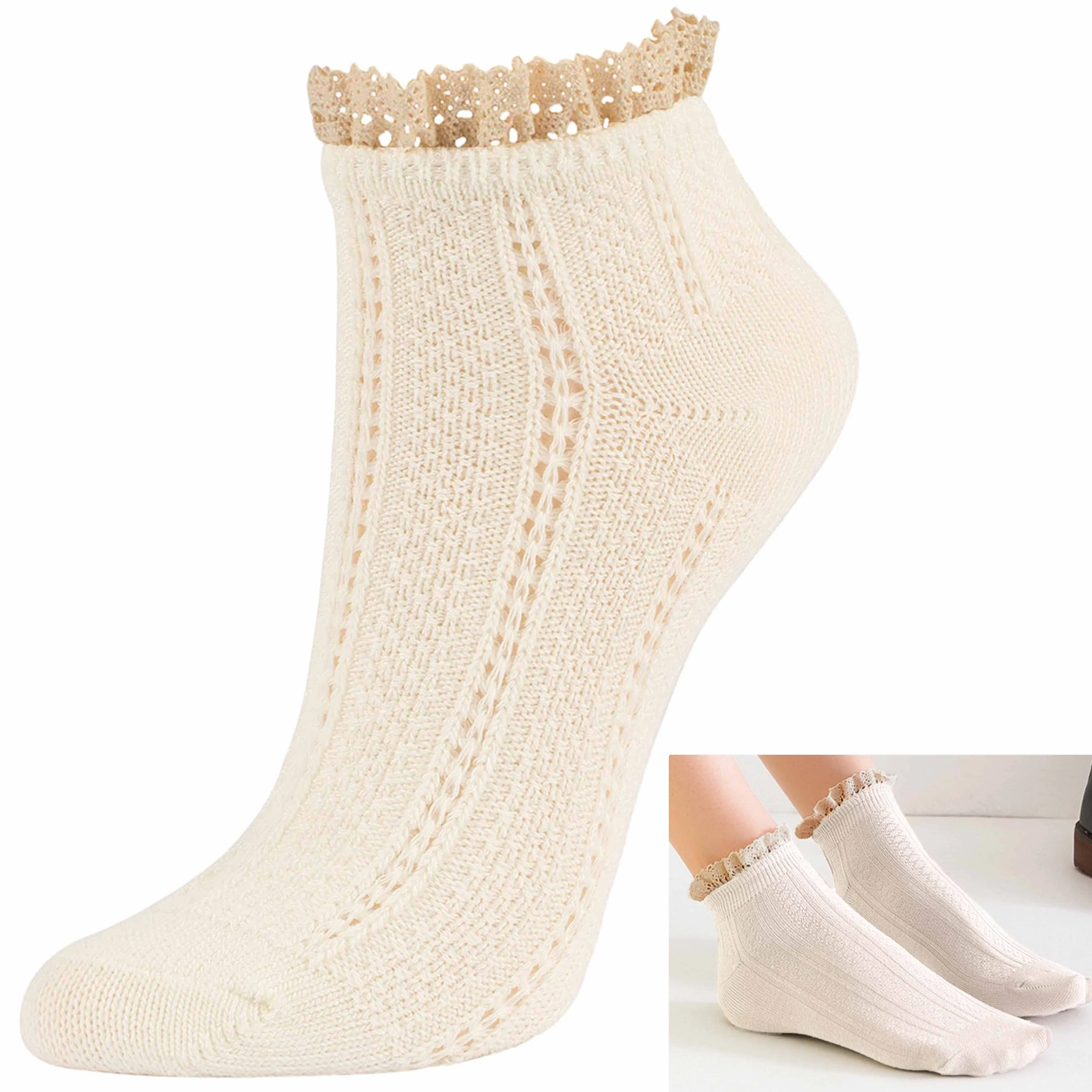 12 Pairs Sexy Ankle Socks Vintage Women Ruffle Trim Fancy Retro Lace Frilly 7-9