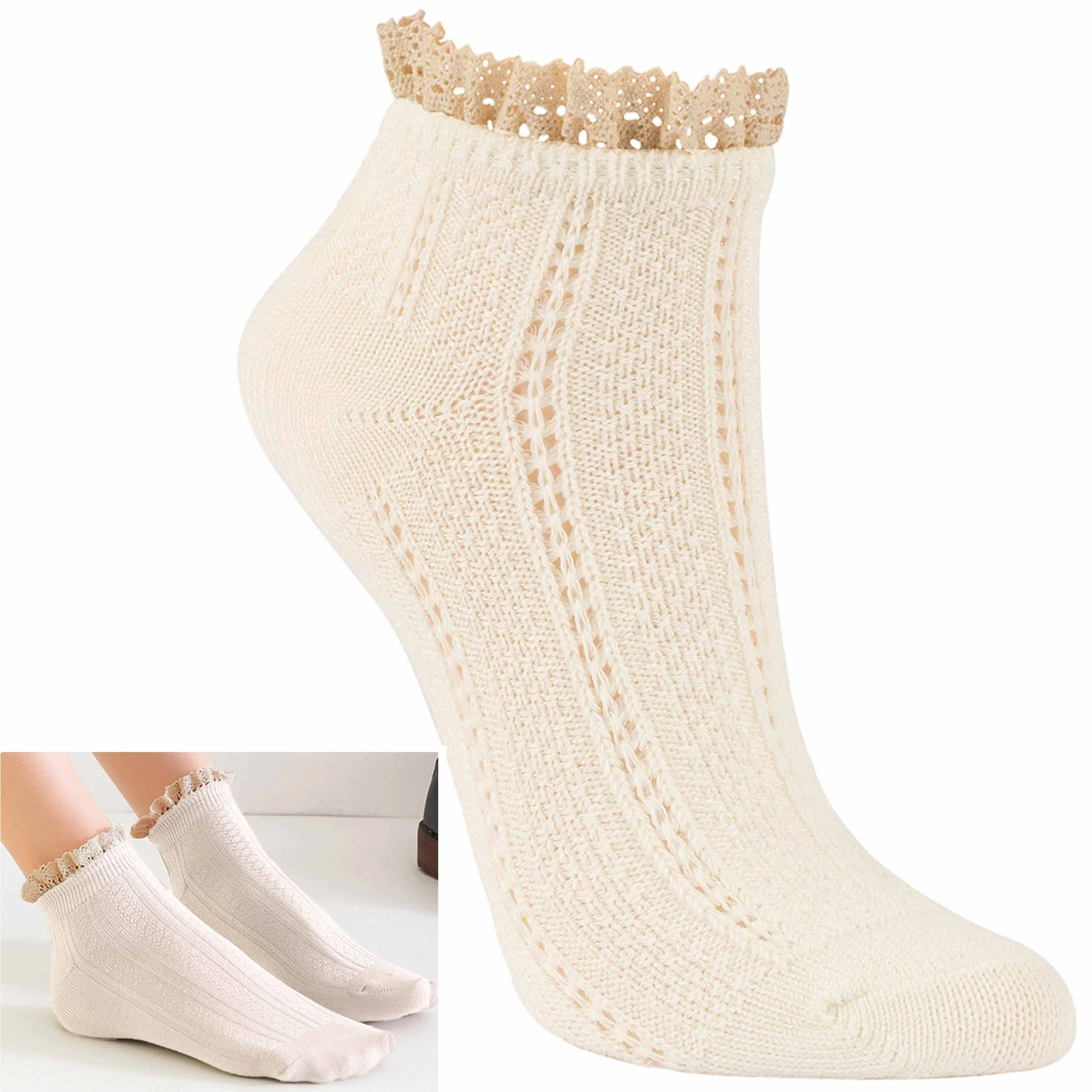 12 Pairs Sexy Ankle Socks Vintage Women Ruffle Trim Fancy Retro Lace Frilly 7-9