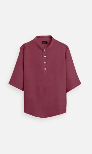 Blush Red Colour Plain Pure Linen Kurta Style Shirt - AddysForMen