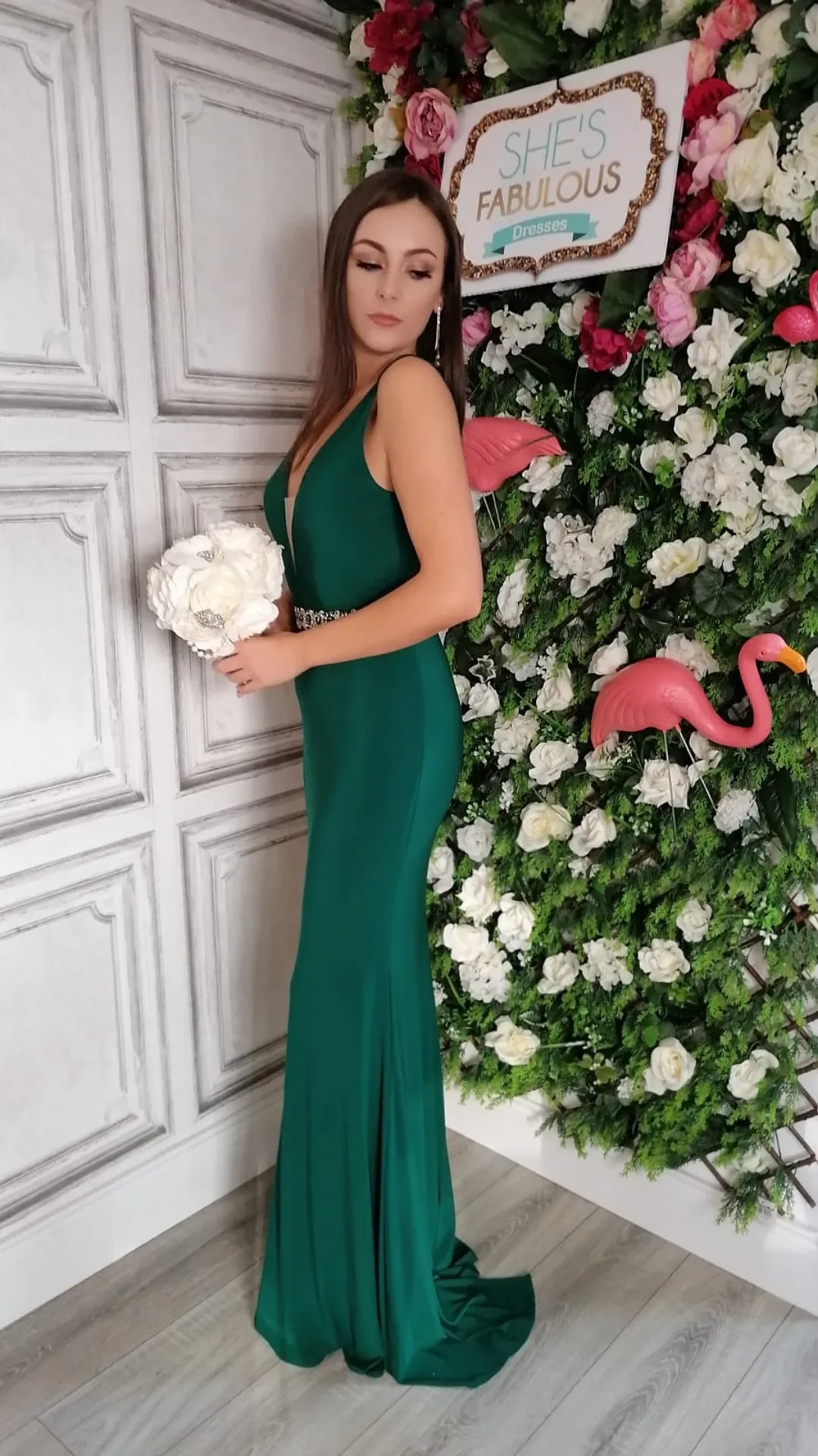 Leah Emerald Green Pearl Band Backless Bridesmaids Dress
