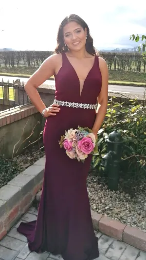 Leah Maroon Plum Burgundy Beaded Belt Backless Bridesmaids Dress